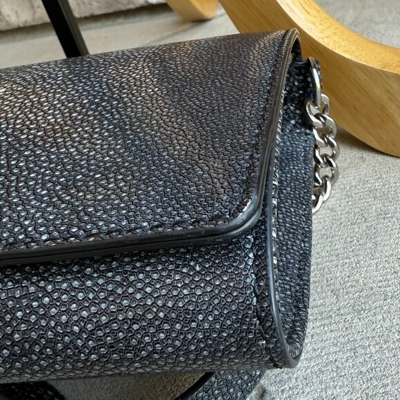 KARL LAGERFELD PARIS STRUCTURED FLAP OVER CROSSBODY CLUTCH BLACK GREY VEGAN - Picture 7 of 14